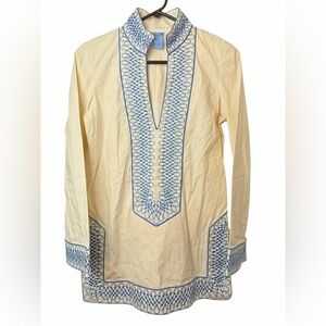 TS Dixin Cream LS V Neck Tunic with Blue Embroidery